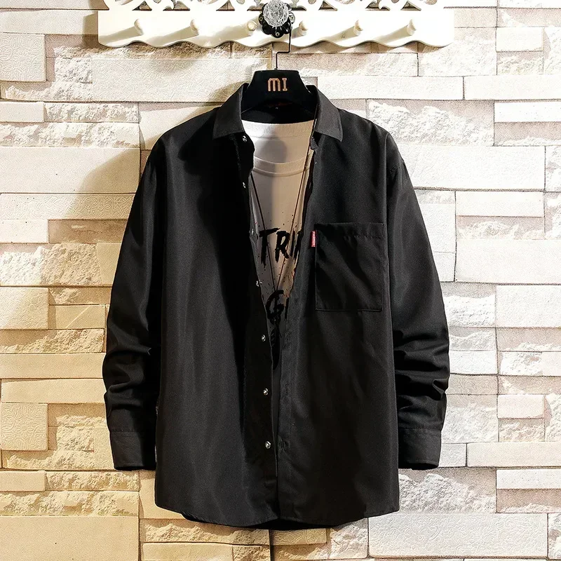 Luźna koszula z długim rękawem w jednolitym kolorze, styl Hong Kong, modna odzież wierzchnia, kurtka męska, nowość na lato.