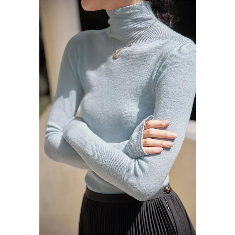 

Облегающий вязаный свитер с высоким воротником, длинный светящийся накладный корейский цвет, женский базовый свитер на осень-зиму