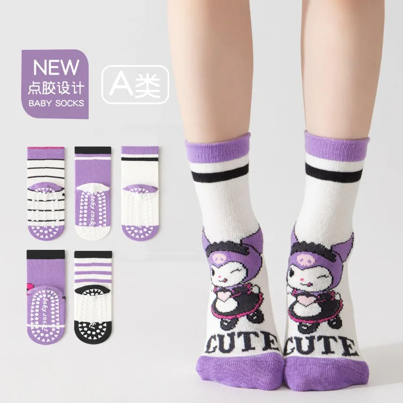 

5 Pairs Kuromi Cotton Baby Anti-slip Mid-calf Socks For Boys Girls Autumn and winter Floor Kids Sock With Rubber Grips For 1-12Y