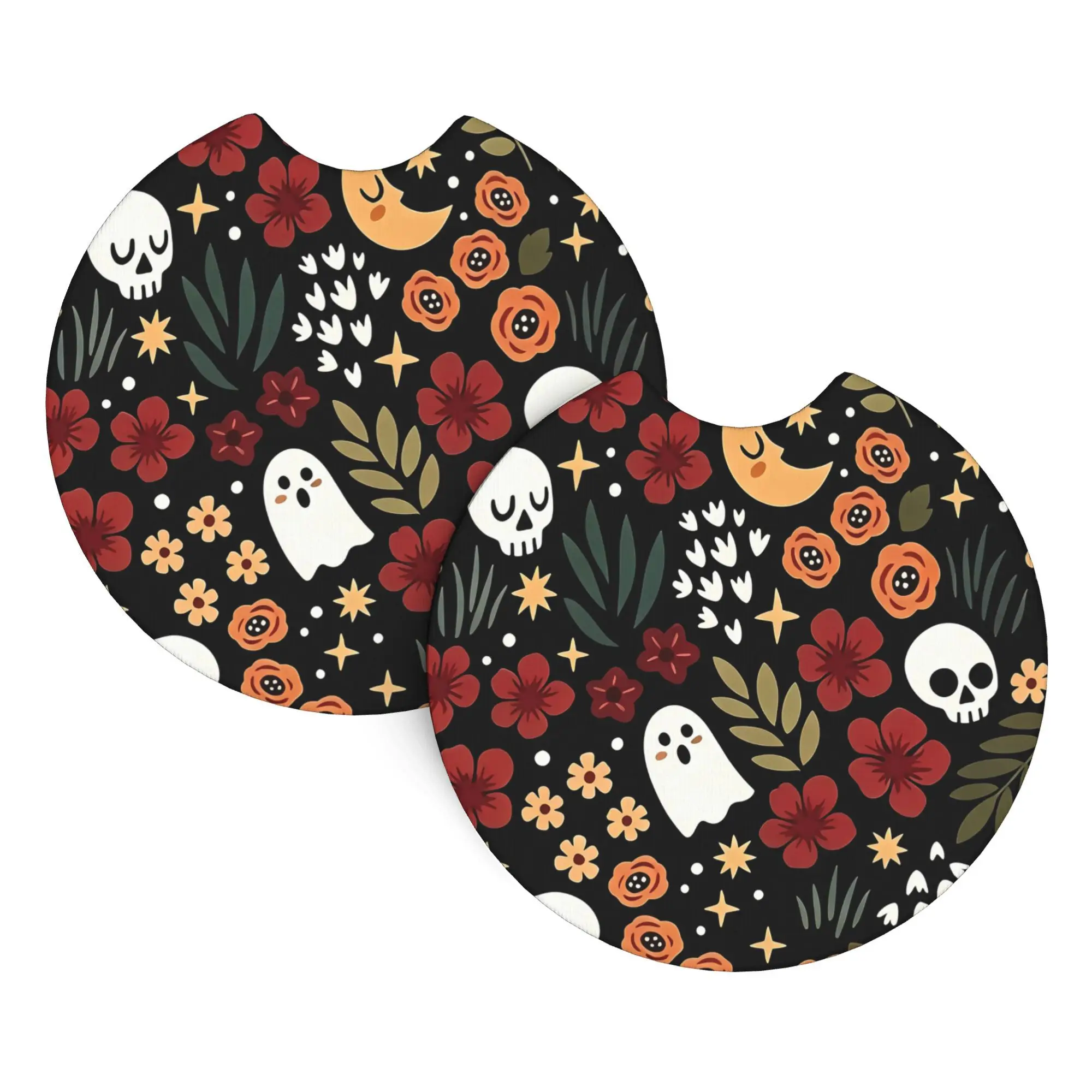 2pcs Skulls and Flowers on Black Background Car Cup Holders, Coasters, Car Water Cup Pads, New Year's and Valentine's Day