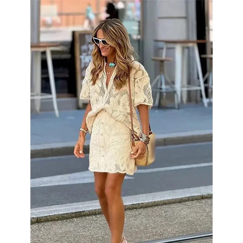 

JINIA Trendy Cut Out Women Mini Skirts Suits Casual V-Neck Short Sleeve Single Breasted Top 2 Piece Sets 2025 Chic Outfits