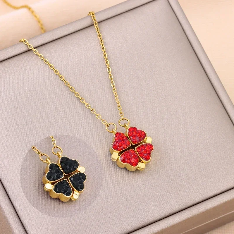 Trendy Red Black Double Side Magnet Buckle Heart Clover Pendant Women Necklaces Female Double Wear Stainless Steel Neck Chain