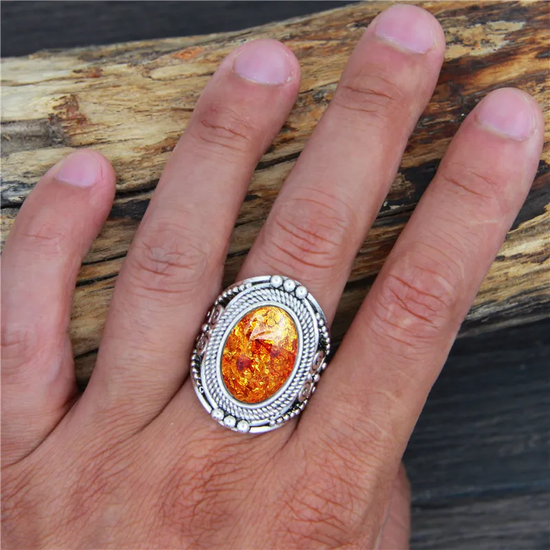 Oval Resin Simulated Ambers Rings For Women Flower Plant Antique Silver Plated Rings Fashion Jewelry TR681