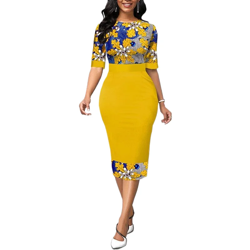 

Elegant Print Splicing Dress For Women Fashion Slim Round Neck Half Sleeve Package Pencil Skirt Spring New Midi Dresses