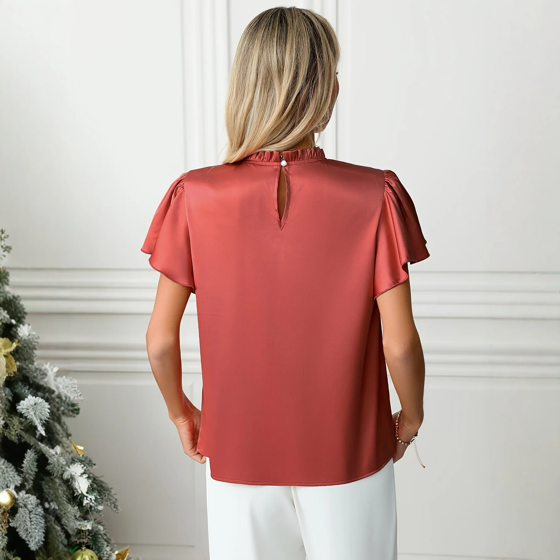 Blusa elegante de satén con volantes y cuello alto para mujer, Top informal liso con manga aleteo similar a la seda, para oficina, fiesta, invitados de boda, verano