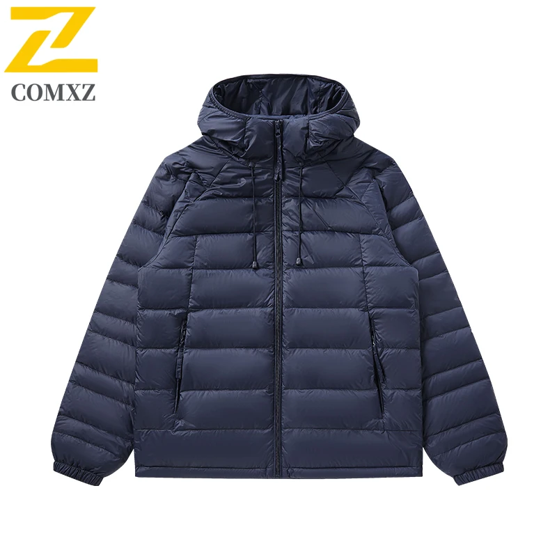 Men White Duck Down Lightweight Stand Collar Hooded Warm Winter Hiking Travel Winter Jacket Skiing Windproof Short Down Jacket