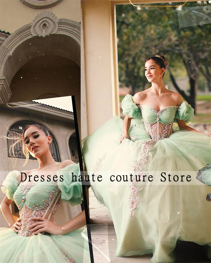 Robes de Quinceanera chérie en tulle vert, robe personnalisée, appliques de dentelle perlée, robe Sweet 16, n'importe quelle robe de Rh, 2025