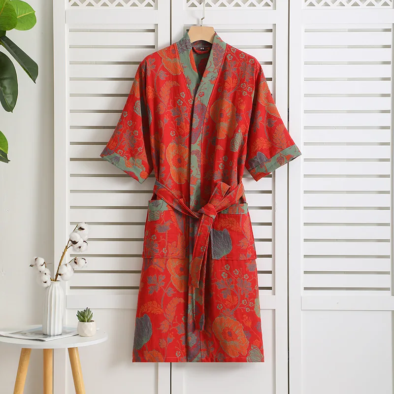 Cotton Double-layer Gauze Bathrobes Spring Thin Pajamas Half Sleeve Kimono Robe Women Yarn-dyed Jacquard Robes Home Loungewear