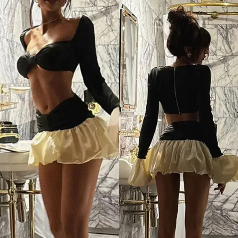 

Sexy Pleated Chest Wrapped Short Dress Sets Woman Fashion Spliced Trumpet Sleeve Mini Skirt 2025 New Lady Evening Party Vestdios