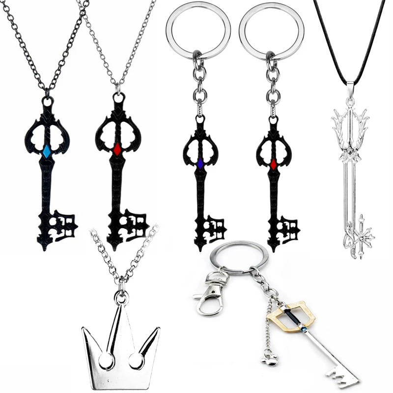 Game Kingdom Hearts Sora Key Weapon Charms Necklace Oblivion Forgotten Blade Keyblade Crown Heart Logo Women Men Jewelry