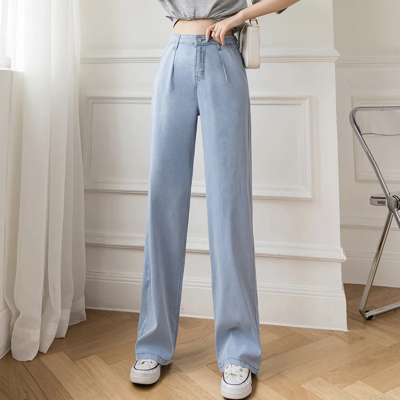 Women Casual High Waist Loose Thin Pants 2024 Summer Wide Leg Jeans Loose Ice Silk Straight Trousers Female Long Denim Pants Pop