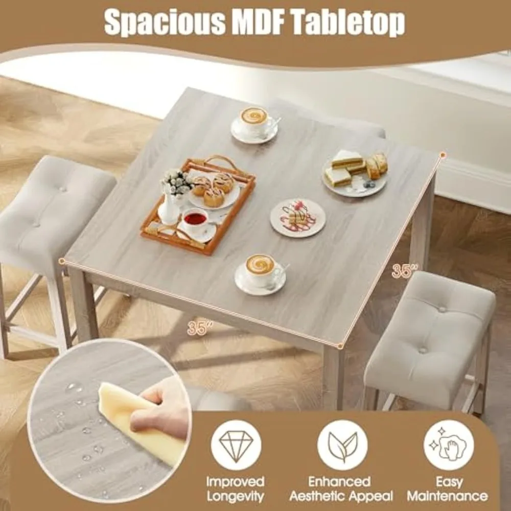 5-Piece Bar Table Set, Square Breakfast Set for 4 w/Padded Stools, Small Kitchen Table Set w/Rubber Wood Legs, Space-Saving Din
