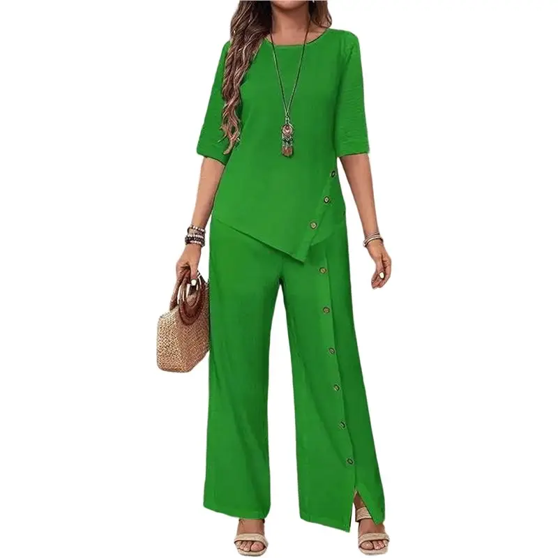 

CYL-Women's Asymmetric Hem Pants Set Elegant Fashion Casual Button Sleeve Shirt Loose Two Piece Outfit