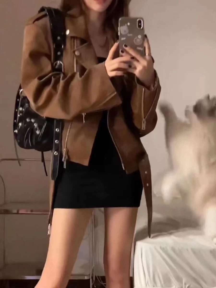 American Retro Brown Leather Jacket Women's Autumn 2026 New Popular High-End Feelings Motorcycle Leather Jacket Trendy