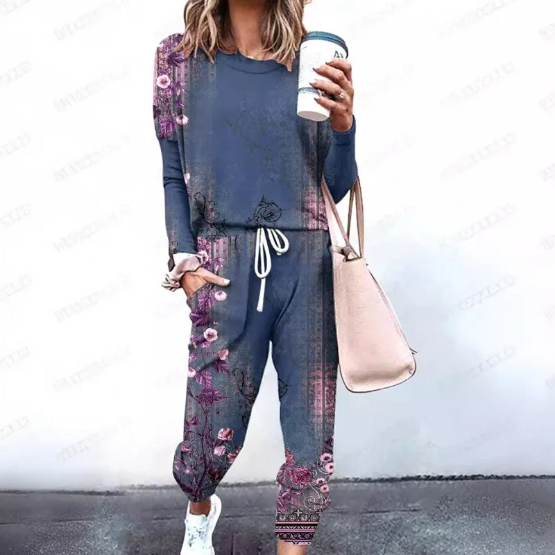 

2025 New Fashion Round Neck Shirt + Wide-leg Pants Two-piece Sets Women Autumn Casual Solid Color Top Trousers Suit For Women