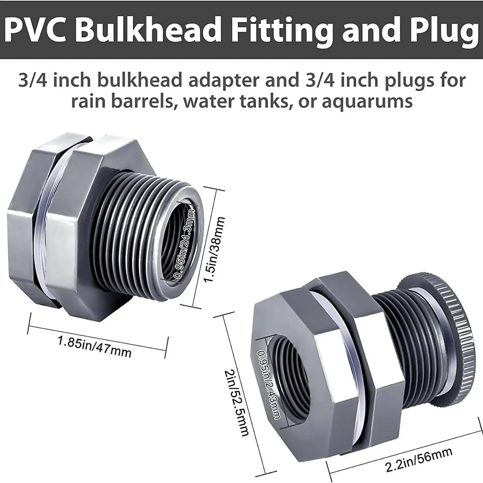 4x Garden Hose Fitting 3/4 inch PVC Bulkhead Fitting for Ponds Aquariums