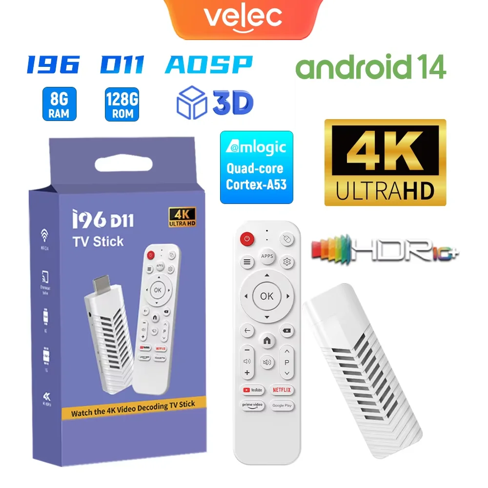 Velec 4K Streaming Stick Android 14 Smart TV Box Dual-Band WiFi، مشغل الوسائط المحمول للتلفزيون الذكي Netflix YouTube Premier HD