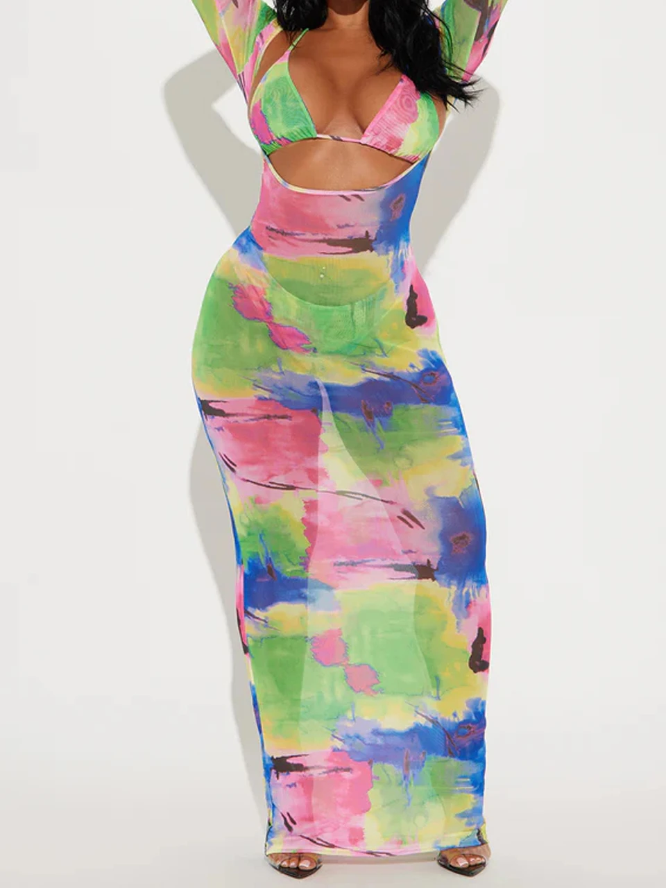 Seksowny trzyczęściowy strój kąpielowy typu stringi z narzutką, sukienka plażowa damska 2025, strój kąpielowy tie-dye, kostium kąpielowy na lato.