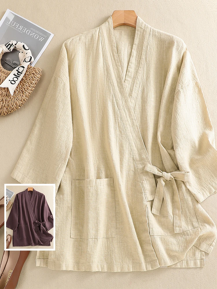 

Retro Pure Color Cotton Linen Long irt Jaet plus Size Women's Cross Collar Belted Long Sve Zen Tea Costume Open Cardigan