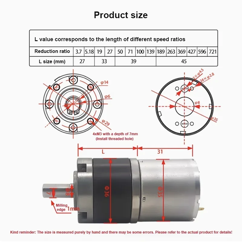 36mm DC Planetary Gear Motor 12v 24v Shaft Diameter 6mm/8mm 36GP-3530 max torque 50kg Adjustable Speed Can CW CCW Electric Motor