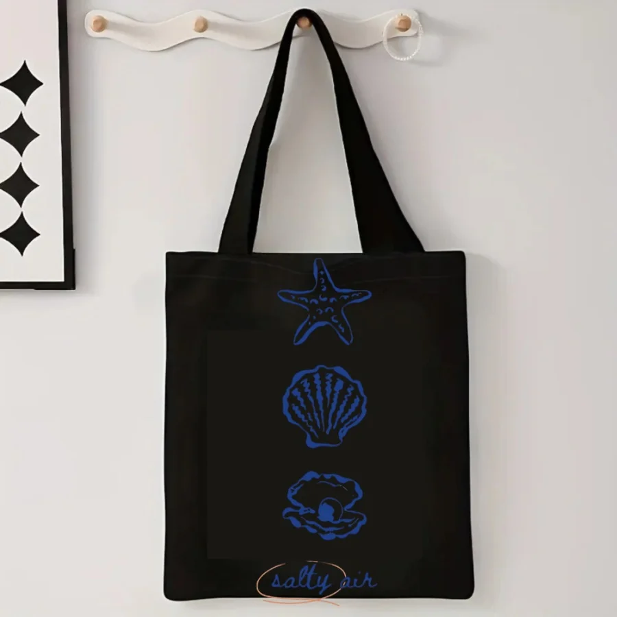 Seaside Canvas Tote Bag Photogenic Prop Blue Starfish Illustration Reusable Beach Bag Large Capacity Vacation Accessory Trendy