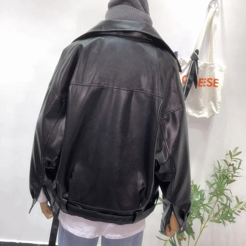 Primavera otoño Casual coreano negro imitación PU chaqueta de cuero con cinturón ropa de calle moda solapa manga larga Mujer Biker chaqueta abrigo