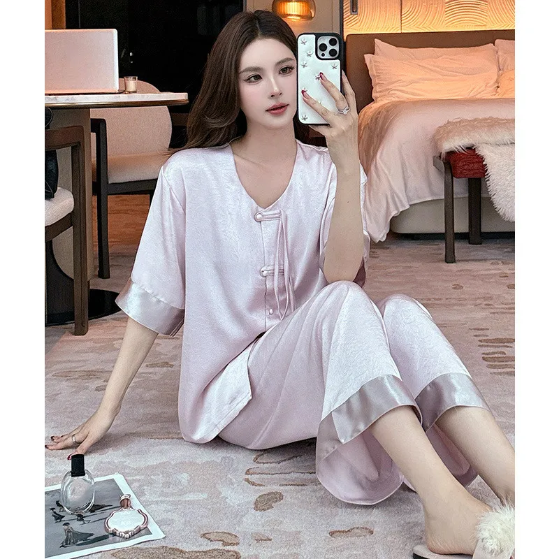 

Summer Women Short Sleeve Pants Pajamas Set Loungewear Jacquard Satin Nightwear Pijamas Suit Loose Pyjama Femme Homewear