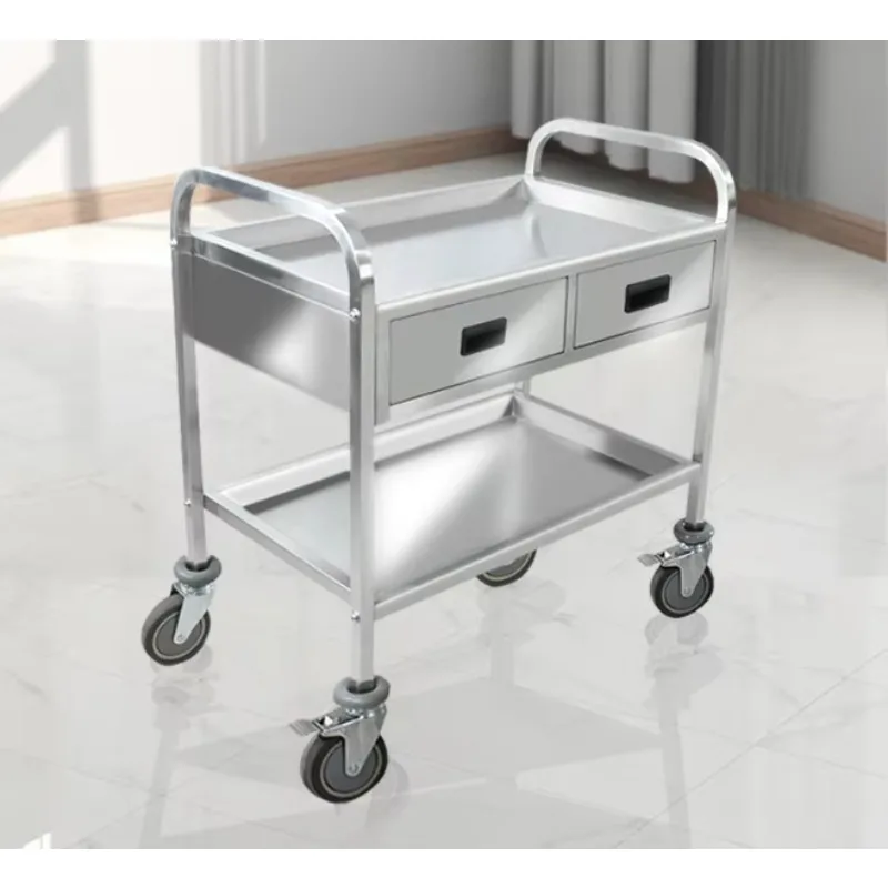 Commercial Portable Stainless Steel 2-layer Utility Cart Heavy Duty Veterinary Tool Trolley With Drawers and Wheels