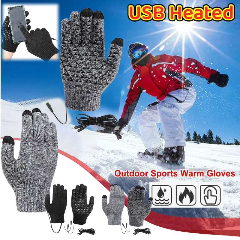 Вязаные перчатки с USB-подогревом, перчатки с длинными пальцами, нескользящие, утолщенные, с сенсорным экраном, термоветрозащитные, теплые для спортивных перчаток на открытом воздухе