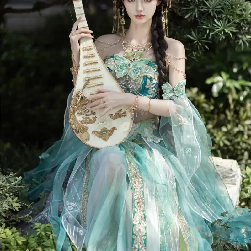 2025 National style design clothing Exotic stand cut embroidery Chebule waist length streamer trouser skirt feathered cuff dress