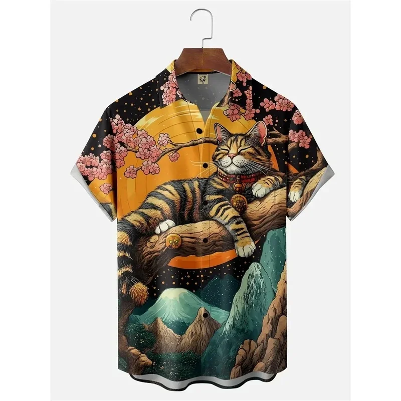 Men's Retro Short Sleeve Beach Shirt Summer Casual Ukiyoe Kitten Fishing Shark Print Hawaiian Shirts Men's Lapel Aloha Shirt