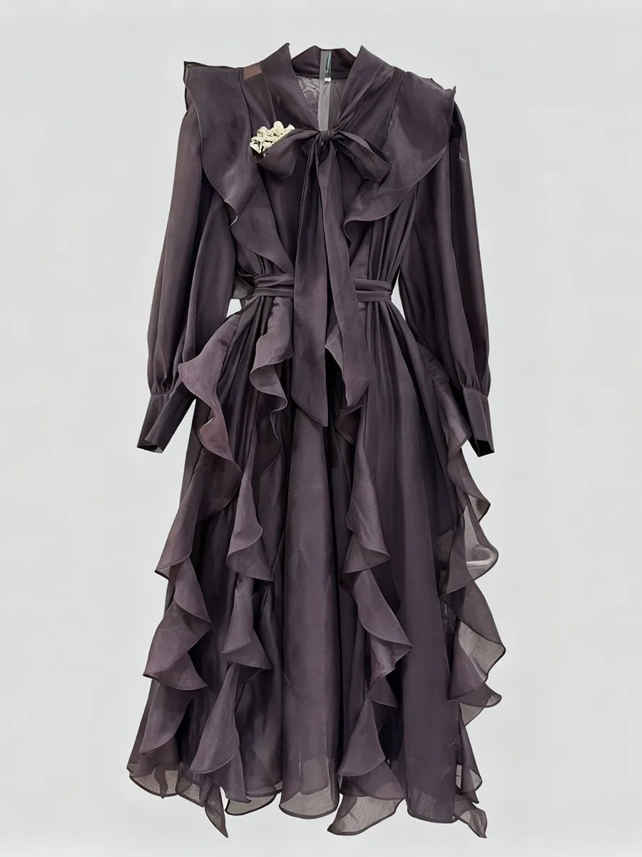 Twotwinstyle sólido emendado babados dobras vestidos de moda para mulheres o pescoço mangas compridas cintura alta retalhos rendas até vestido feminino