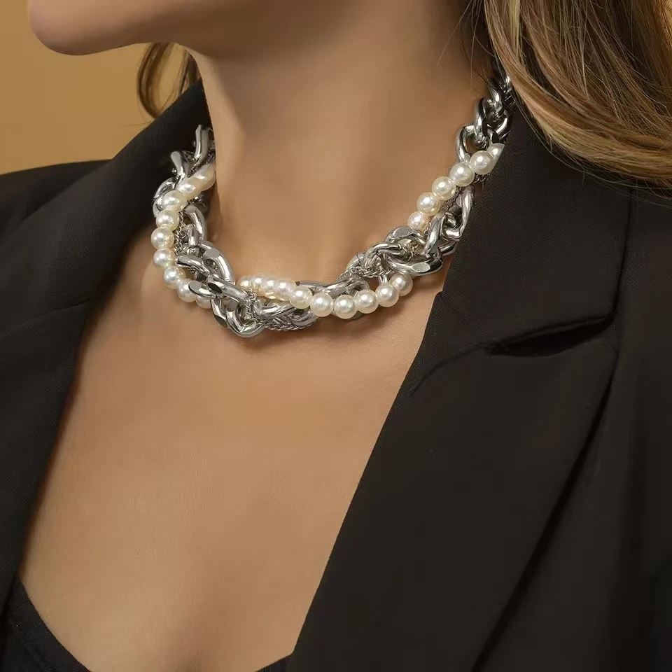 

Новое ожерелье из нержавеющей стали 316L в стиле хип-хоп с жемчугом и кубинской цепочкой для женщин, сделай сам, винтажные массивные ювелирные изделия Kpop