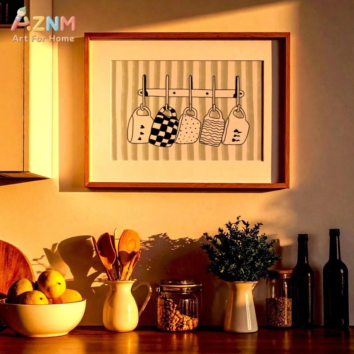AZNM Sage Green Striped Cute Hanging Bags Canvas Wall Art Black White Check Polka Dot Line Drawing Unframed Canvas Print Boho Nu