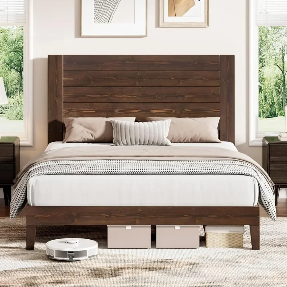 

%a Bed Frame with Wood Slats, No Box Spring Needed, Queen Size Solid Wood Bed Frame