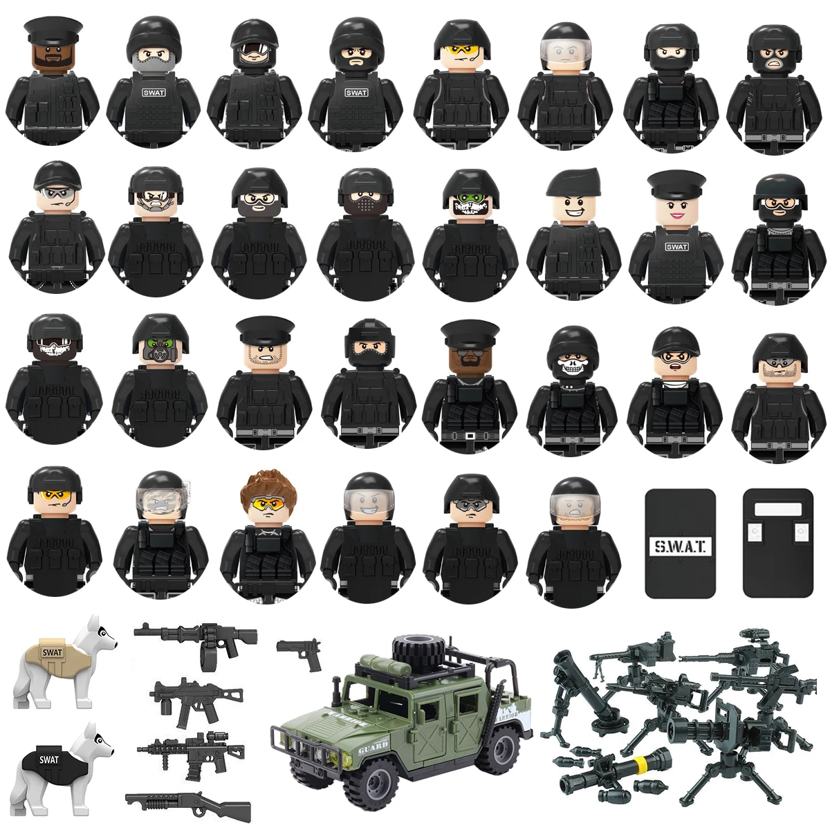 Military Police Special Forces Soldiers Machine Guns SWAT Building Blocks Jeeps Camion Speedboat Armored Car Army Weapons Toys