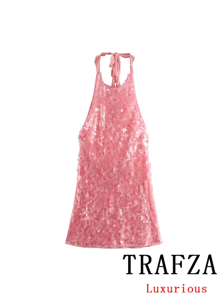 TRAFZA Sexy Chic Pink Women Mini Party Dress Halter Sequined Sleeveless Bow Shiny Dress Fashion 2024 Autumn Evening Club Dress