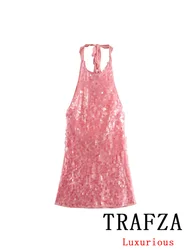 TRAFZA Sexy Chic Pink Women Mini Party Dress Halter Sequined Sleeveless Bow Shiny Dress Fashion 2024 Autumn Evening Club Dress