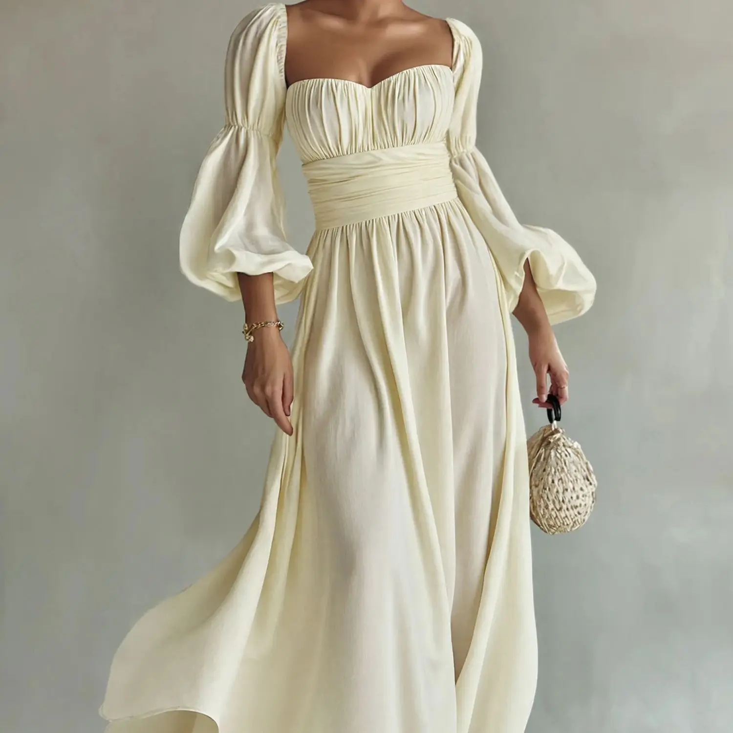 Lange jurk van abrikozenkleurige chiffon voor dames, met pofmouwen, hartvormige hals en open rug, maxi-jurk