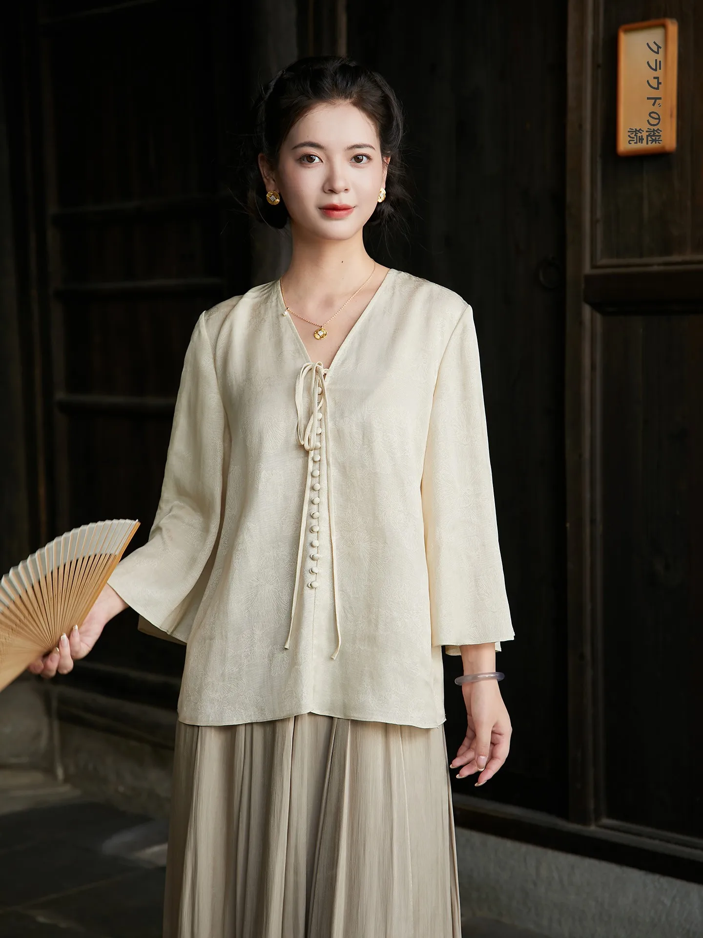 

New Chinese Style V-Neck Tie-Detail Blouse Mixed Flax And Lyocell Fabric Breathable Long Sleeve Women's Shirt for Daily Wear