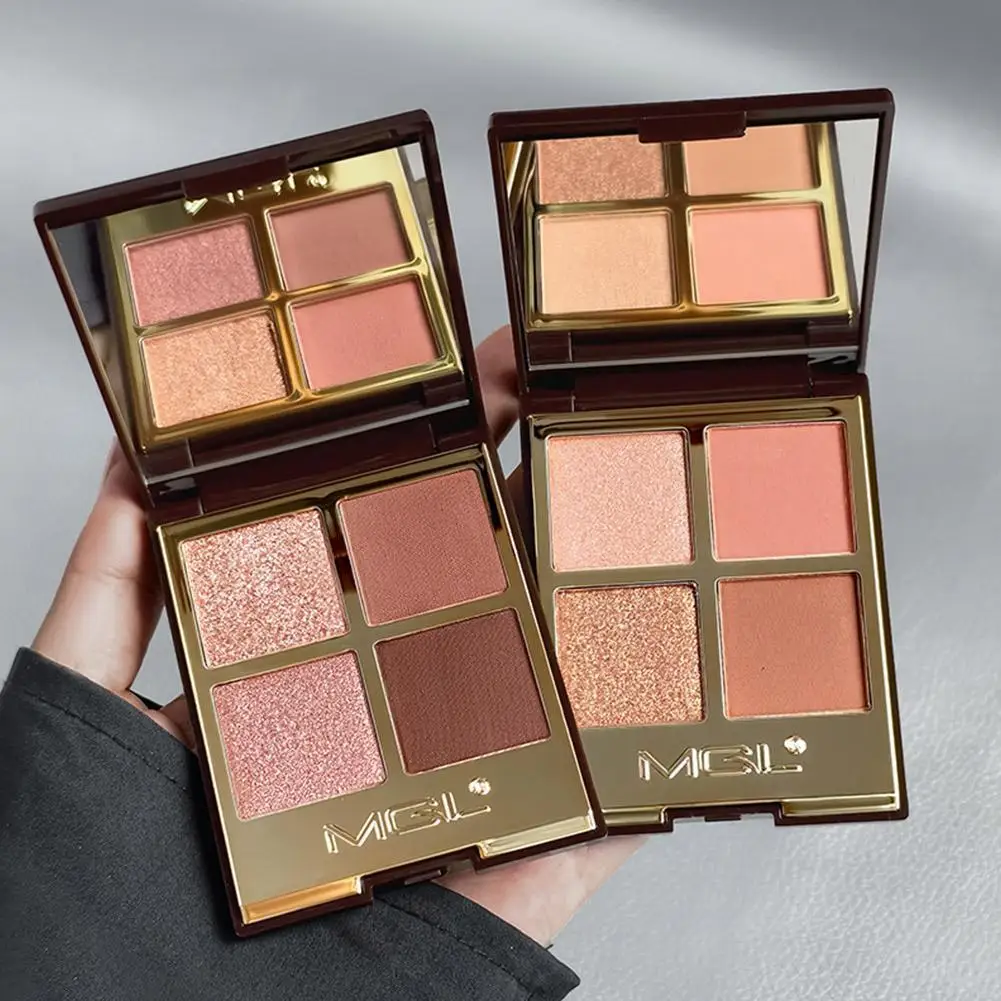 Palette de fards à paupières brun rose doux, paillettes nacrées, tons de terre marron clair mat pour le contour du visage, maquillage Blush