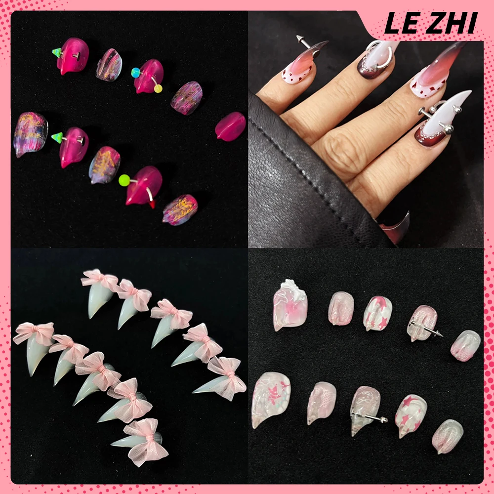 

10Pcs Spice Girl Colorful Handmade Dragon Shaped Claw Cat Paws False Nails Bowknot Rivets Sequins Detachable Full Cover Nails