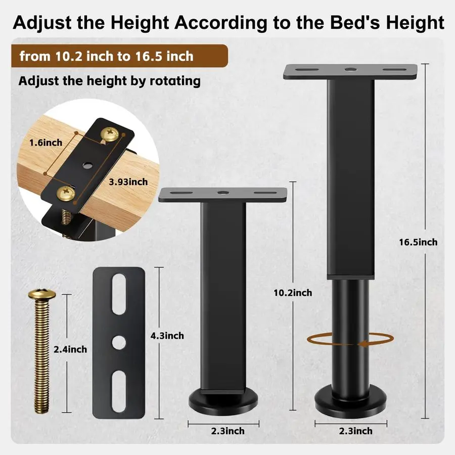 Adjustable Height Bed Support Legs, Heavy Duty Metal Bed Frame Support Legs, 10.216.5 inch Furniture Risers Replacement with No