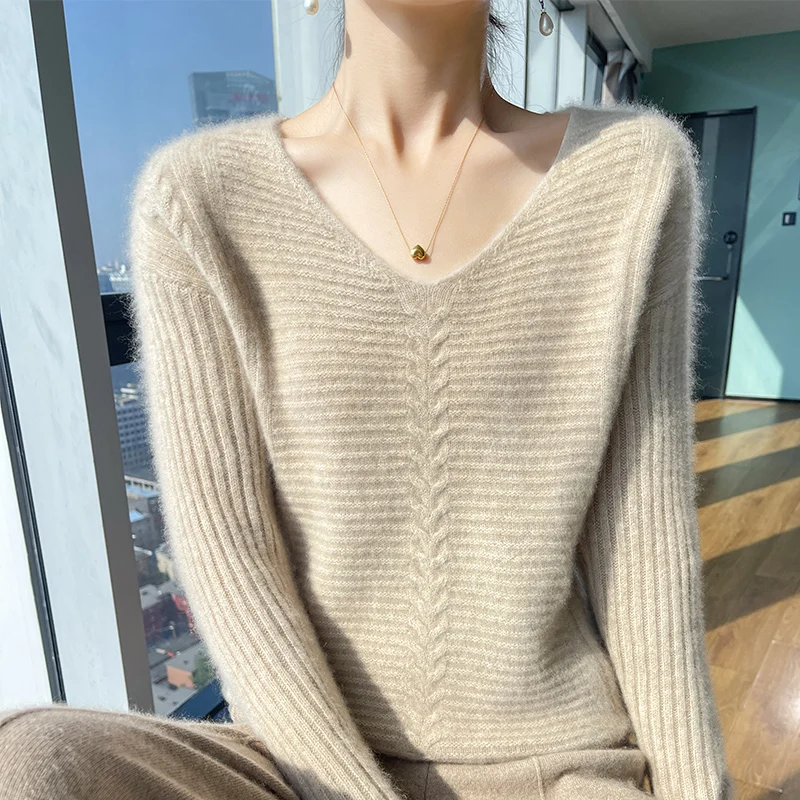 

Women's Twisted Flower V-Neck Knit Sweater, 100% Pure Merino Wool, Warm Pullover, Thickening Top, Autumn, Winter Fashion, 2023