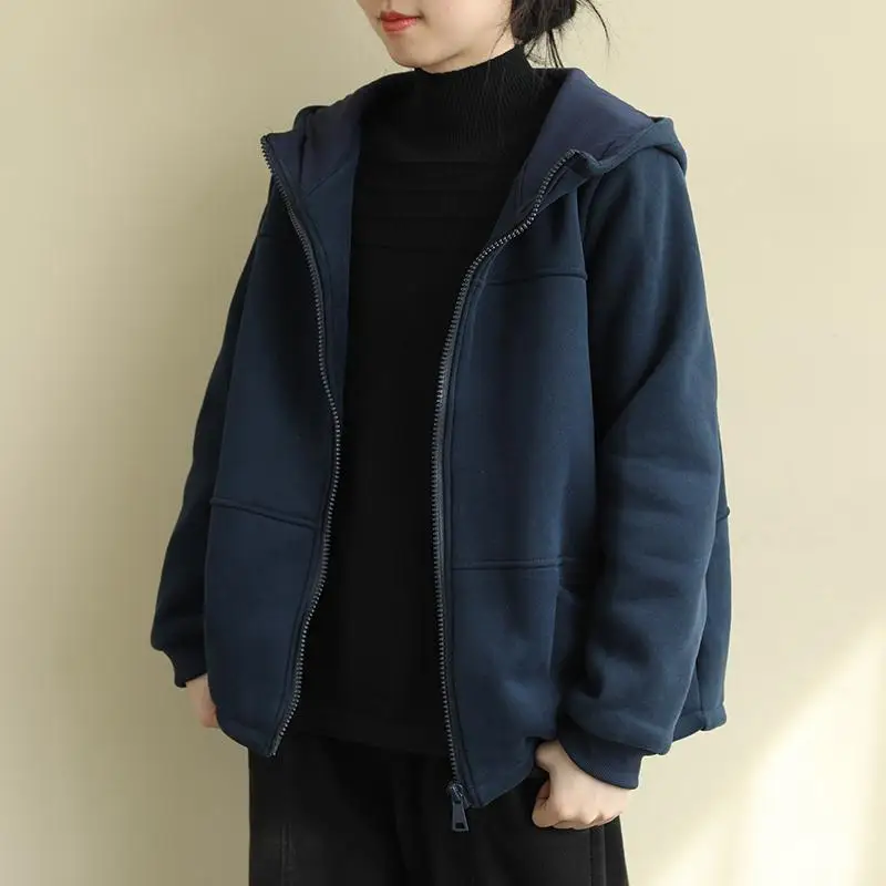 

Женская зимняя толстовка с капюшоном Thiened Fce, кардиган Jaet, однотонная, на молнии, све, длинная свободная верхняя одежда