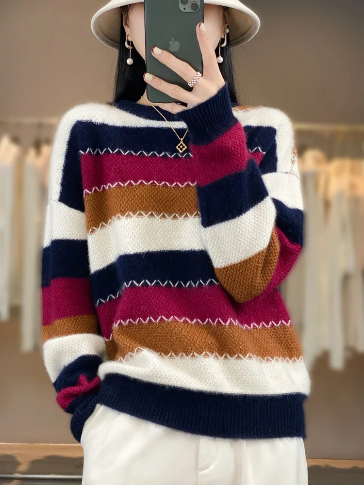 

Модный женский свитер, осень-зима, 100% мериносовая шерсть, полосатый вязаный пуловер, цветной джемпер, одежда с длинными рукавами, топы