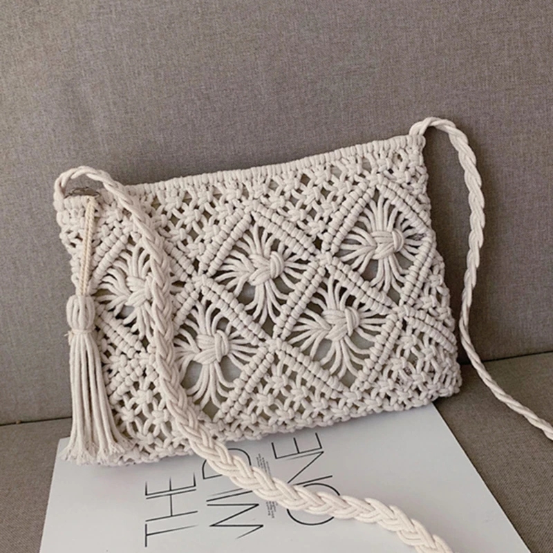 1PC Tassel Cotton Rope Bag Woven Bag Simple Shoulder Bag Slanting Cross Bag Summer Beach Bag Handbag