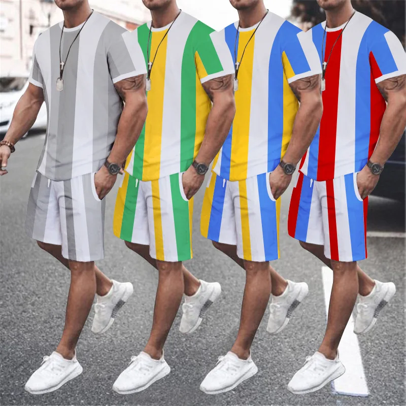 Listra impressão verão conjuntos de roupas masculinas oversized 2 peça shorts outfits o-pescoço manga curta camiseta conjunto streetwear agasalho