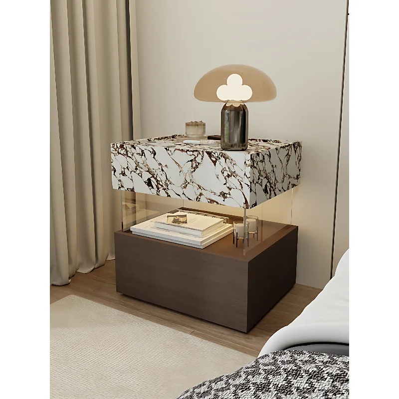 طاولة بجانب السرير معلقة بنمط رخامي فاخر وبسيط وحديث إيطالي، كابينة بجانب السرير لتخزين غرفة النوم باللونين الأبيض والأسود