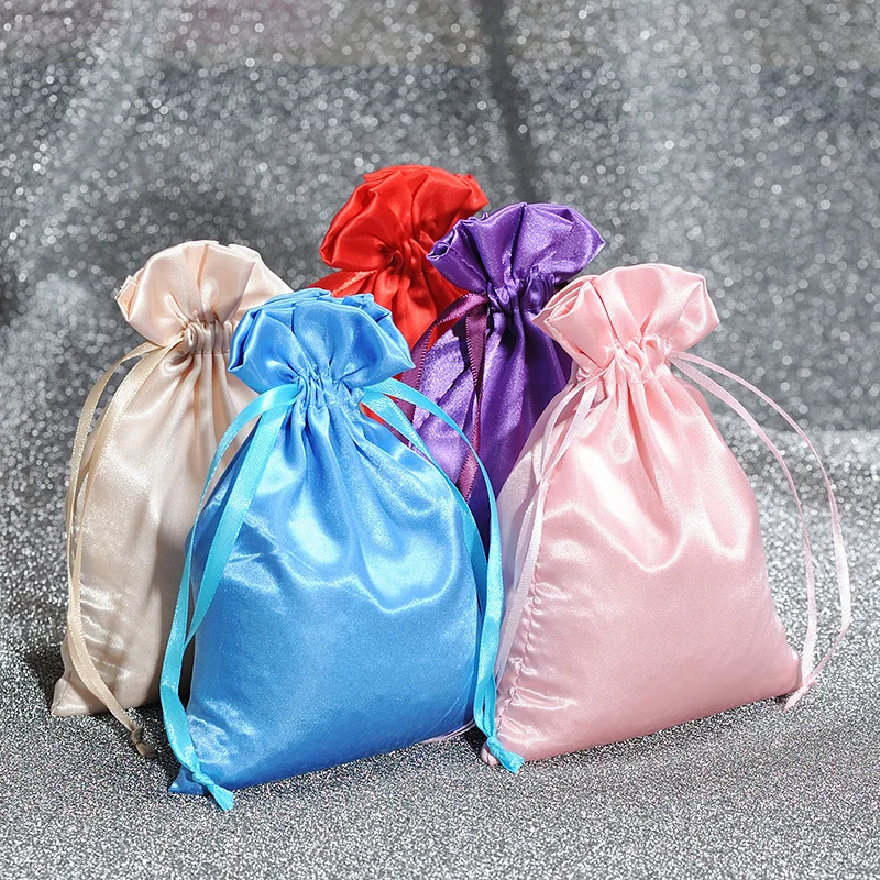 50 Pcs/Lot Drawstring Satin Bags for Christmas New Year Party Smooth Touching Silk Gift Fabric Package Pouch